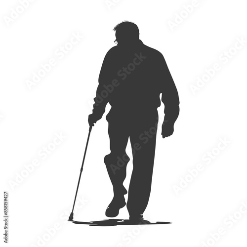 Silhouette of an Elderly Man with Prosthetic Leg Walking with Cane.