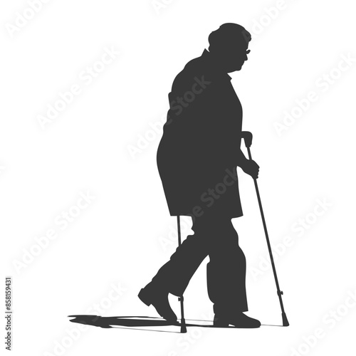 Silhouette of Elderly Woman Walking with Crutches, White Background.