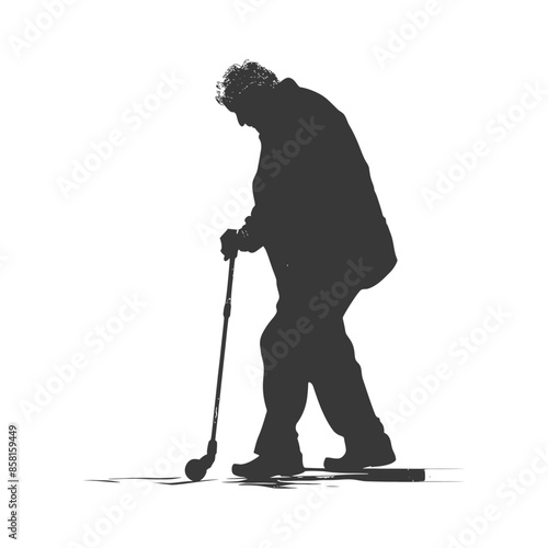 Silhouette of elderly man playing mini golf, side view.