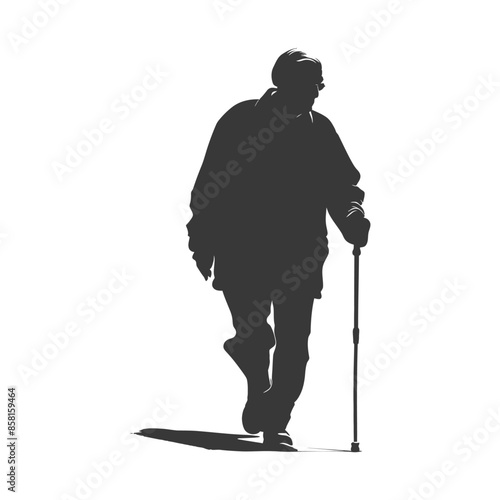 Silhouette of an Elder Leaning on Cane, Walking Forward on White.