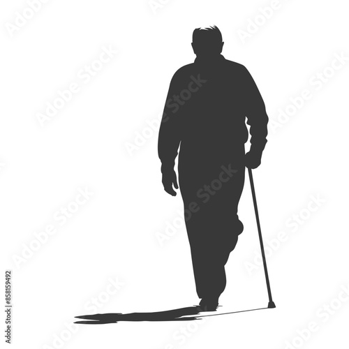 Isolated silhouette of elderly man with walking cane on white.