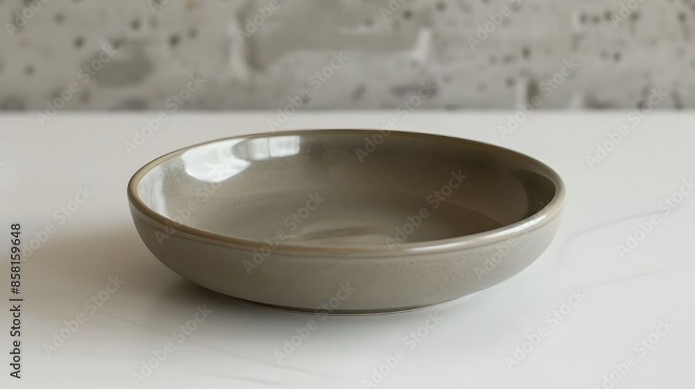 A simple round grey ceramic plate on white background, product photography. A simple round grey ceramic plate on white background, product photography.