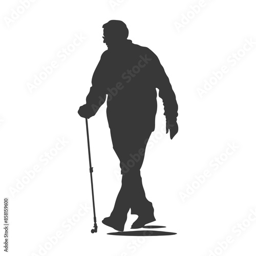 Silhouette of Elderly Man Walking with Cane, Dark Figure on White