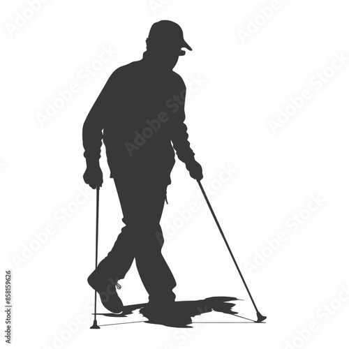 Snowshoe Trekker: Silhouette of a Lone Hiker with Poles on a White Background.