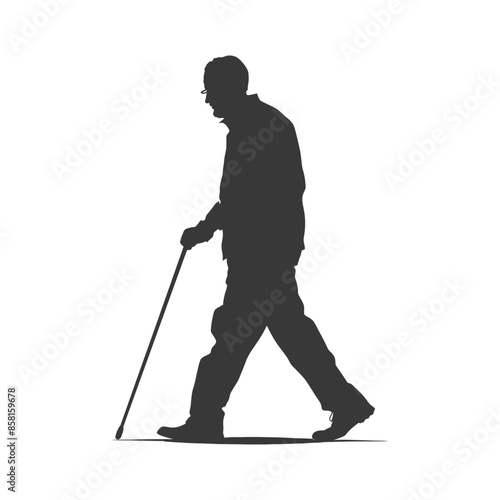 Elderly Silhouette: Man with Cane, Walking Figure on White.