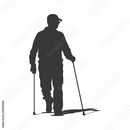 Silhouetted Senior: Nordic Walking Figure with Poles, Low Angle Shadow on White.