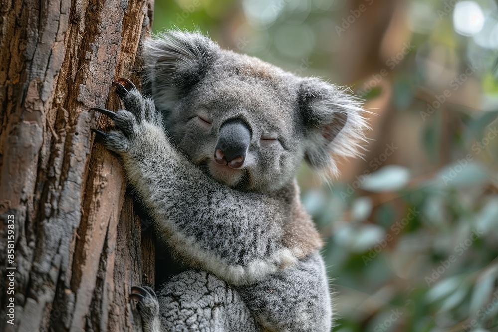 Obraz premium A sleepy koala bear hugging the trunk of a eucalyptus tree, with its eyes half-closed and one ear twitching