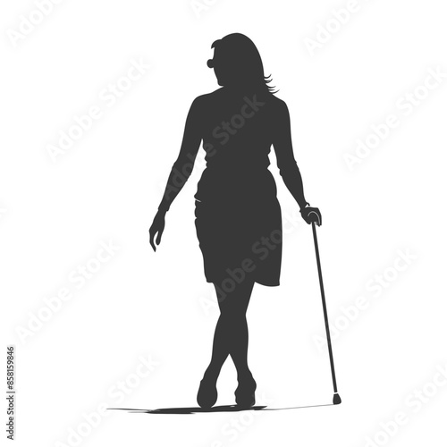 Silhouette of a Woman with Cane and Sunglasses, Elegant Standing Pose on White.