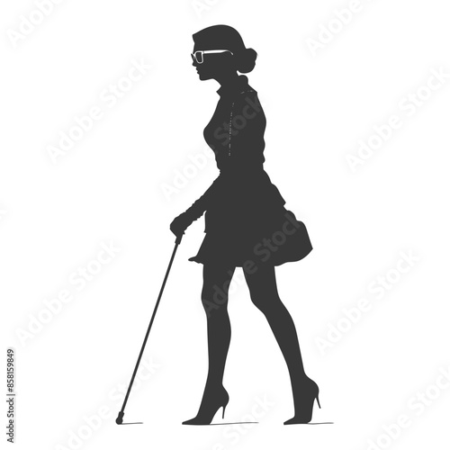 Silhouette of a Stylish Blind Woman Walking with Cane and Glasses.