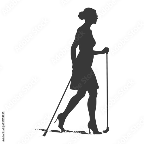 Silhouette of woman in dress using two golf clubs as walking sticks.