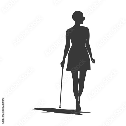 Silhouette: Blind Woman with Cane, Independent Walking.