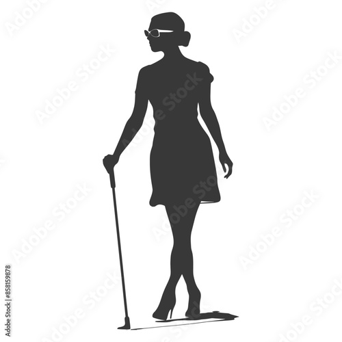 Elegant Blind Woman Silhouette with Cane & Stylish Sunglasses, Isolated.