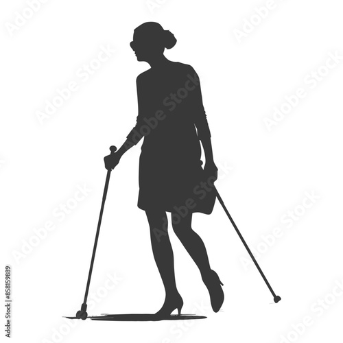 Silhouette of Elegant Woman Walking with Nordic Walking Poles.