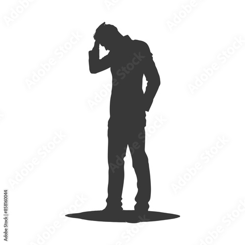 Silhouette of a Man in Despair: Head in Hand, Isolated on White.