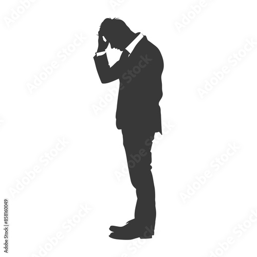 Silhouette of a Despondent Businessman with Head in Hand, Isolated on White.