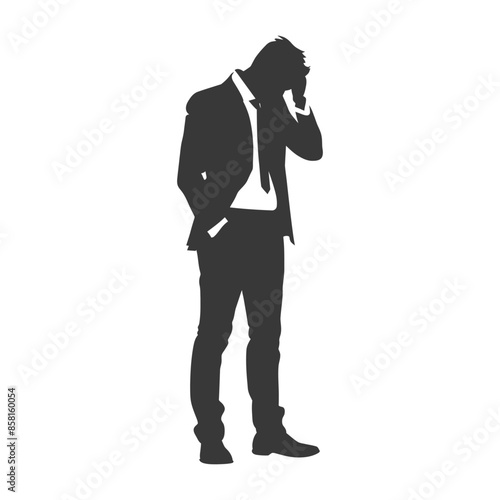 Silhouette of a Stressed Businessman: Head in Hand, Holding Phone, White Background