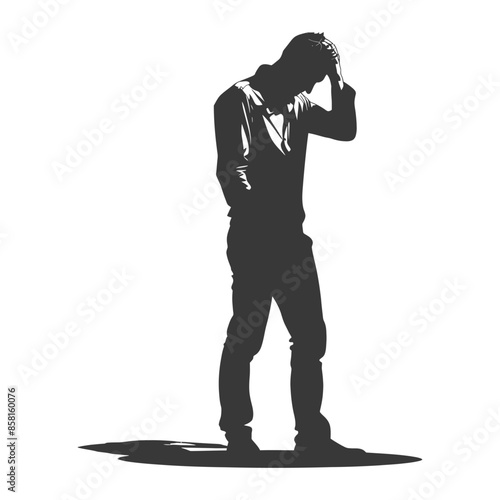 Silhouette of Man in Despair: Head in Hand, Dejected Figure on White Background