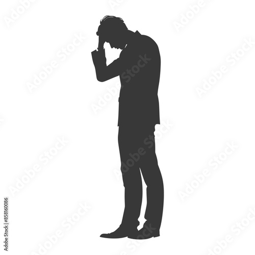Silhouette of despair: Man in suit, head in hand, isolated on white.