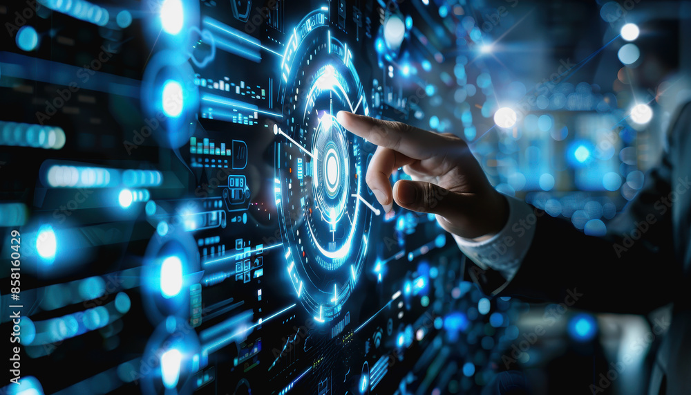 Holographic User interface technology in futuristic, cyber security, business man touch smartphone. Holographic User interface technology in futuristic, cyber security, business man touch smartphone.