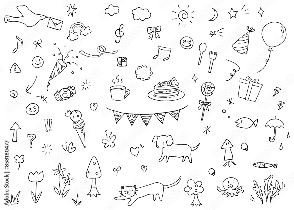 手書きのデコレーション素材セット、落書き、線画アイコン 手書きのデコレーション素材セット、落書き、線画アイコン