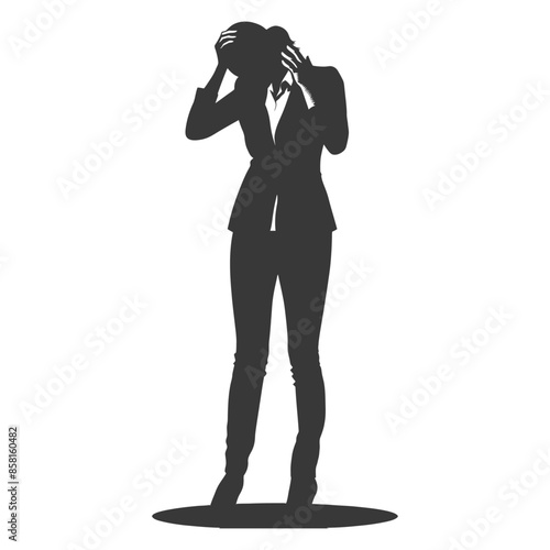 Silhouette of a stressed business woman holding her head in despair.