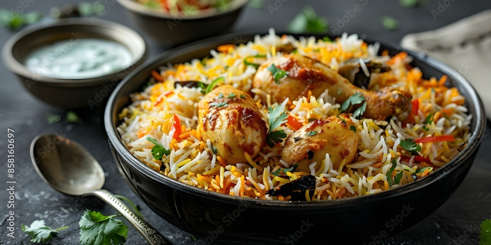 Photo of famous Indian Hyderabadi chicken biryani representing traditional cuisine. Concept Indian Cuisine, Hyderabadi Biryani, Food Photography, Cultural Heritage, Traditional Dish Photo of famous Indian Hyderabadi chicken biryani representing traditional cuisine. Concept Indian Cuisine, Hyderabadi Biryani, Food Photography, Cultural Heritage, Traditional Dish