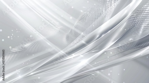 Sleek, modern abstract background with white and silver light patterns on a gray gradient backdrop, incorporating soft tech diagonal elements and metal textures.
