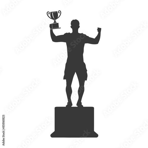 Silhouette of a triumphant athlete holding a trophy atop a pedestal, victory pose.