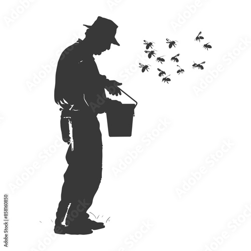 Silhouetted Beekeeper with Bees Flying from Bucket, Isolated on White.