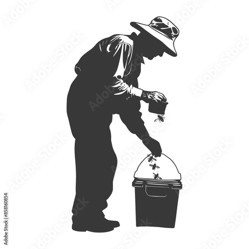 Silhouette Beekeeper: Handling Bees, Bucket, Protective Gear, Vector Illustration