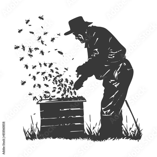 Silhouette Beekeeper Releasing Bees: Rustic Apiary Scene in Grayscale.
