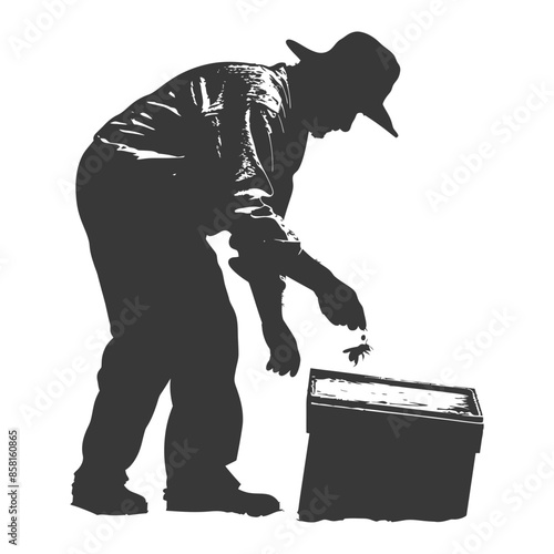 Silhouette Beekeeper: Holding Bee over Hive, Rustic Apiary Work.