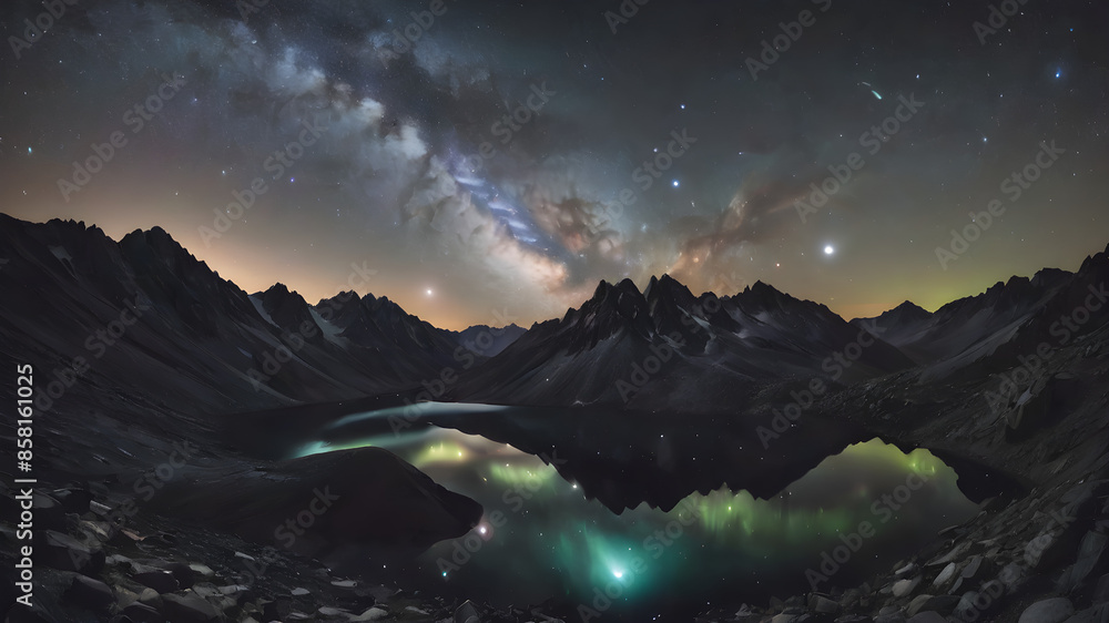 A night sky filled with stars and the Milky Way over a remote mountain ...
