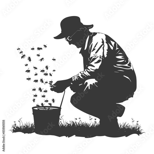Silhouetted Beekeeper and Swarming Bees: Bucket and Hat, Naturalist Illustration.