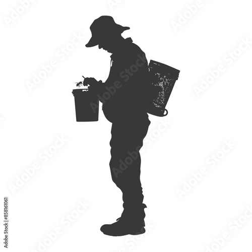 Silhouette of Agronomist with Backpack Sprayer Taking Notes.