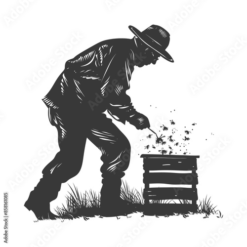 Beekeeper Silhouette: Vintage Engraving Style, Hive Inspection.