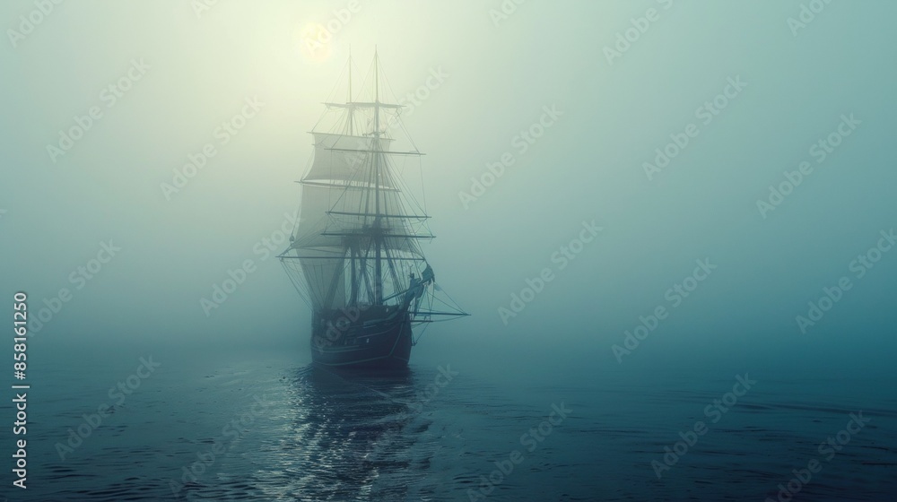Sailing ship in sea water in heavy fog. Sailing ship in sea water in heavy fog.