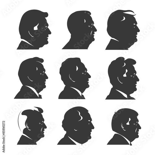 Nine Silhouette Heads: Presidential Profiles, Vector Icon Set.