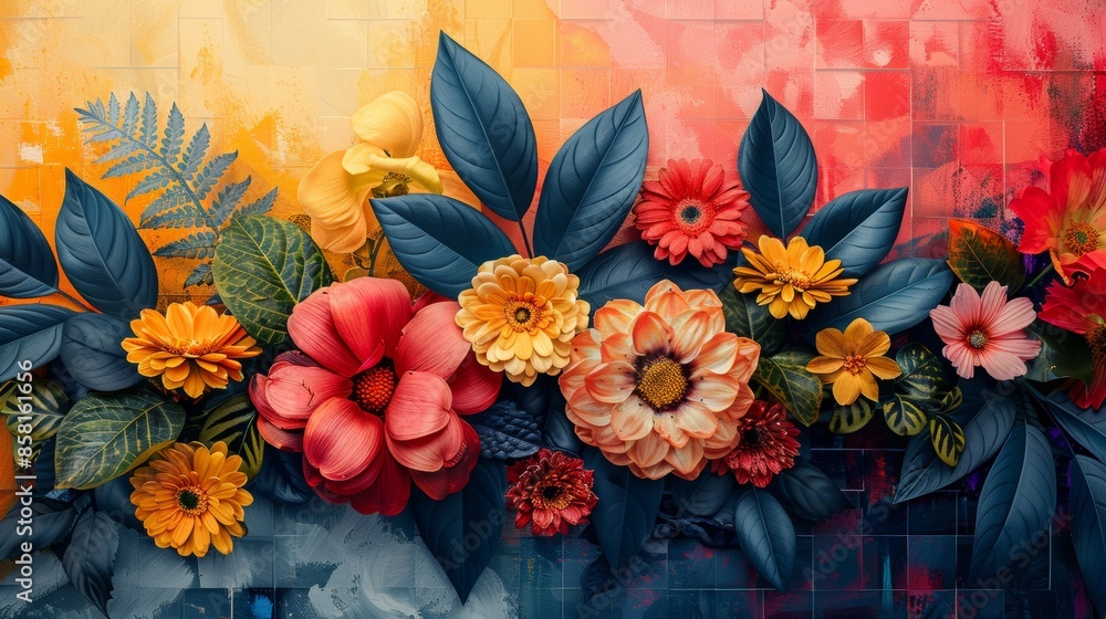 botanical pop art, colorful collage banner with vibrant botanical elements a mix of flowers and leaves on geometric background in pop art style botanical pop art, colorful collage banner with vibrant botanical elements a mix of flowers and leaves on geometric background in pop art style