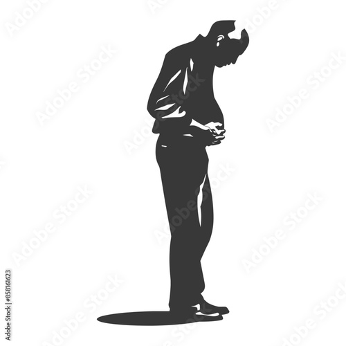 Silhouette of a Man Clutching Stomach in Despair on White Background