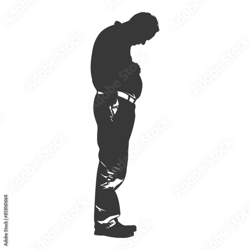 Silhouette of a Man Looking Down at his Stomach, Overweight Figure.