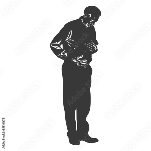 Elderly Man Silhouette: Pained Abdomen, Deep Bow, Isolated on White.