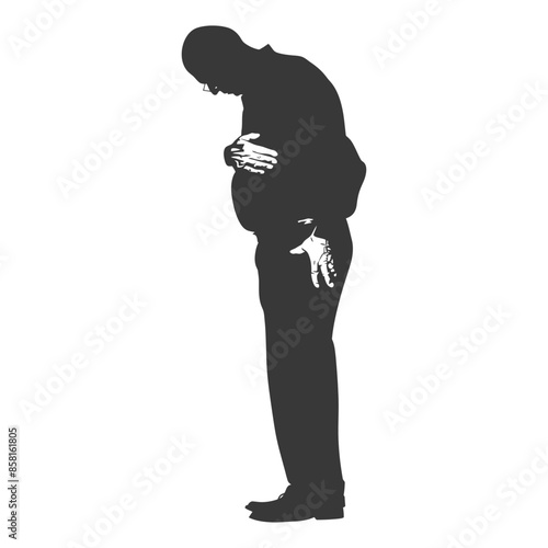 Silhouette of a Concerned Man Clasping Stomach, Bowed Head.