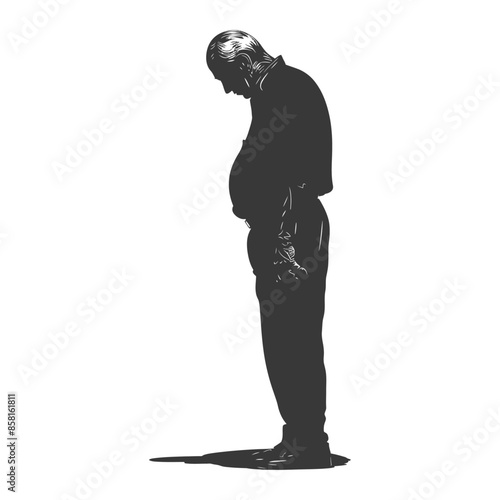 Silhouette of older man with protruding belly, head bowed down in shadow.