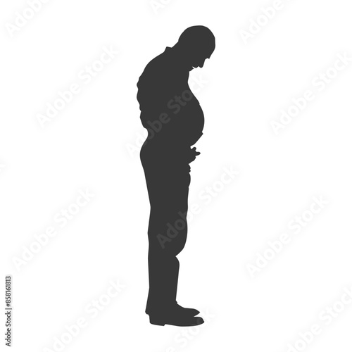 Silhouette of a Man: Bowed Head, Hands Resting on a Protruding Belly.