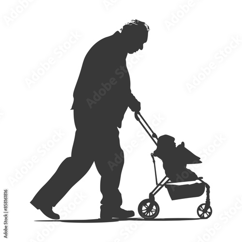 Silhouetted Senior Strolling: Man and Pet Bird in Pram, Urban Walk.