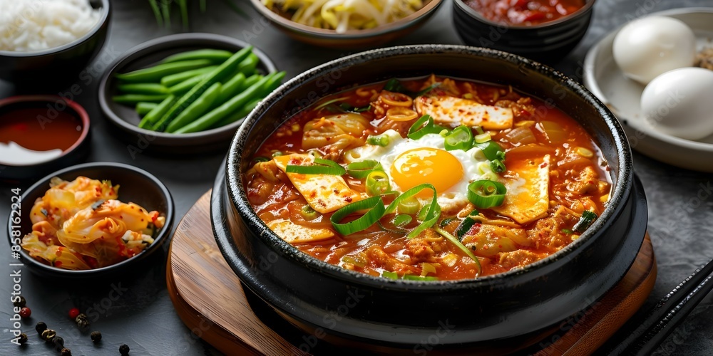 Highquality wallpaper of Korean Kimchi Jjigae table with cinematic effect. Concept Food Photography, Cinematic Lighting, Korean Cuisine, Interactive Table Setting, High-Quality Wallpaper Highquality wallpaper of Korean Kimchi Jjigae table with cinematic effect. Concept Food Photography, Cinematic Lighting, Korean Cuisine, Interactive Table Setting, High-Quality Wallpaper