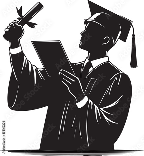 In a celebratory pose, a graduate student silhouette proudly holds aloft a diploma. This vector illustration, rendered in stark black against a white background, captures the essence of achievement on