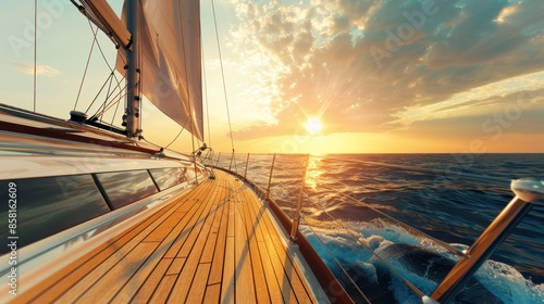 Deck view from a sailing ship with beautiful seascape at sunset.