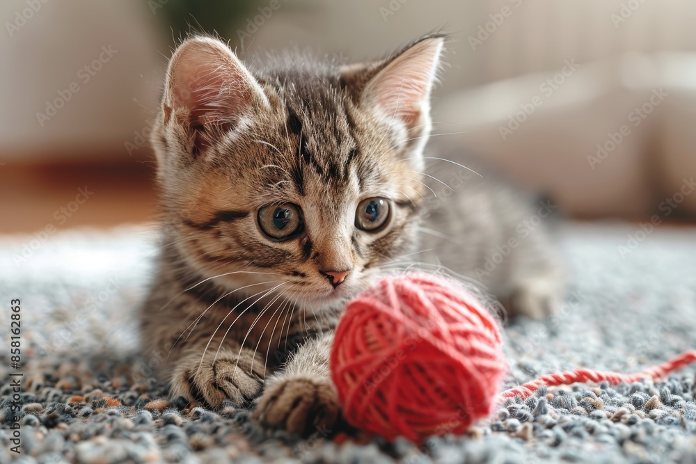 A small tabby kitten playing with a ball of red yarn, on a soft carpet. The kitten looks curious and engaged A small tabby kitten playing with a ball of red yarn, on a soft carpet. The kitten looks curious and engaged